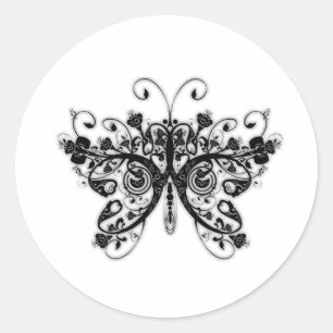 Floral Swirls Butterfly - Black & White Ronde Sticker