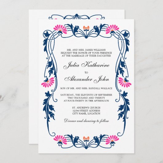 Floral Swirls Weddenschap met marineblauw en Fuchs Kaart (Voorkant / Achterkant)