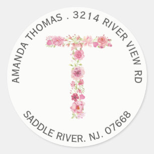 Floral T Initiaal Monogram Retouradres Sticker