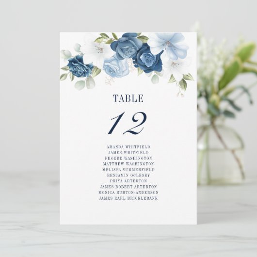 Floral Table Number 12 Deusty Blue Seating Chart Kaart (Staand voorkant)