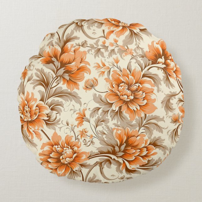 Floral Tangerine Cream Rond Kussen (Voorkant)
