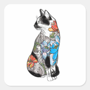 Floral Tattoo Kattenillustratie – Levendig, Artist Vierkante Sticker