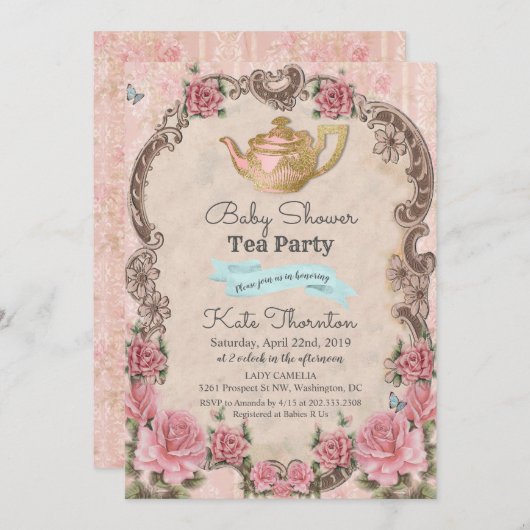  Floral Tea Baby shower Uitnodiging (Voorkant / Achterkant)