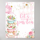Floral Tea Birthday Party Pink Gold Let's Par-Tea Poster (Voorkant)