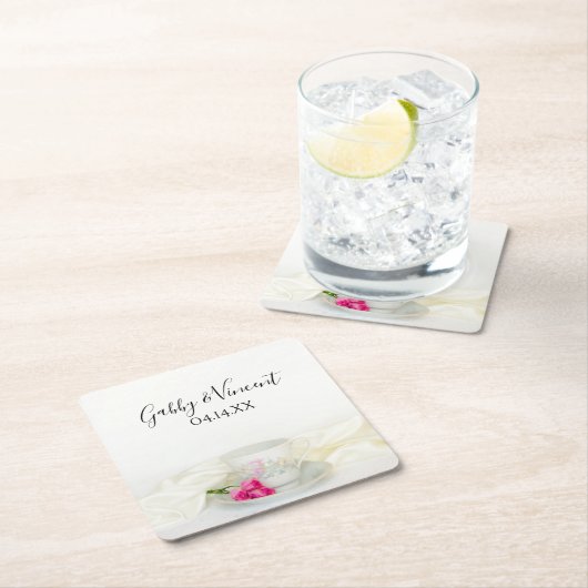 Floral Tea Cup en roze rozen bruiloft Kartonnen Onderzetters (Insitu)