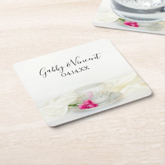 Floral Tea Cup en roze rozen bruiloft Kartonnen Onderzetters (Schuin)