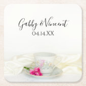 Floral Tea Cup en roze rozen bruiloft Kartonnen Onderzetters (Voorkant)