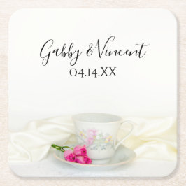 Floral Tea Cup en roze rozen bruiloft Kartonnen Onderzetters