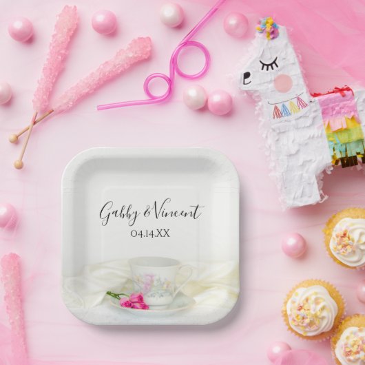 Floral Tea Cup en roze rozen bruiloft Papieren Bordje (Feest)