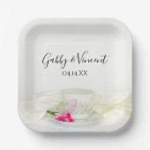 Floral Tea Cup en roze rozen bruiloft Papieren Bordje (Voorkant)