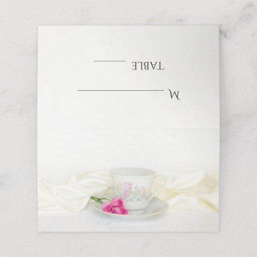 Floral Tea Cup en roze rozen bruiloft Plaatskaartje (Buitenkant ongevouwen)
