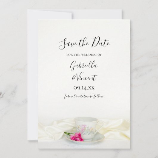 Floral Tea Cup Roze bruiloft sparen Datum Save The Date (Voorkant)
