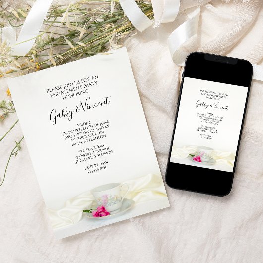 Floral Tea Cup Roze Roses Wedding Engagement Party Kaart