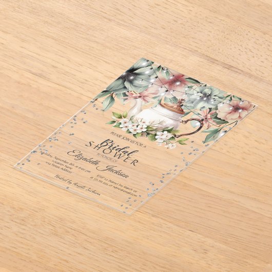 Floral Tea CupBrush Stroke Vrijgezellenfeest Acryl Uitnodigingen (Laagn)