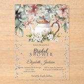 Floral Tea CupBrush Stroke Vrijgezellenfeest Acryl Uitnodigingen (Voorkant)