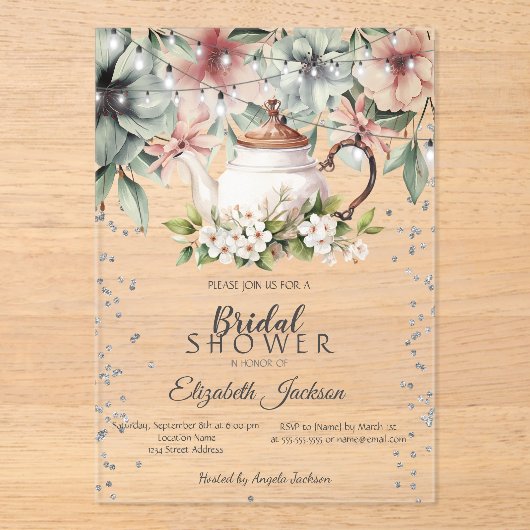 Floral Tea CupBrush Stroke Vrijgezellenfeest Acryl Uitnodigingen (Voorkant)