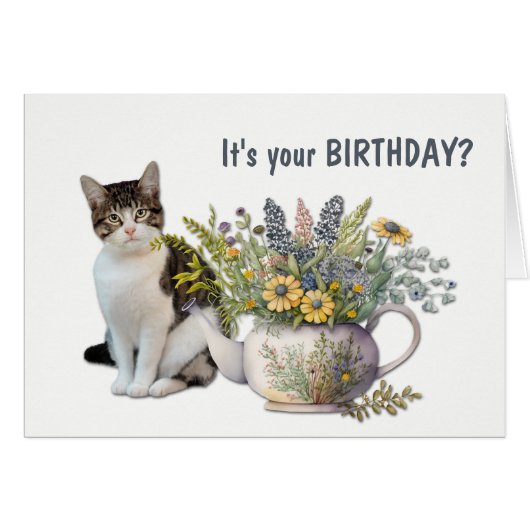 Floral Tea Kettle Cat Meowy Birthday (Voorkant Horizontaal)