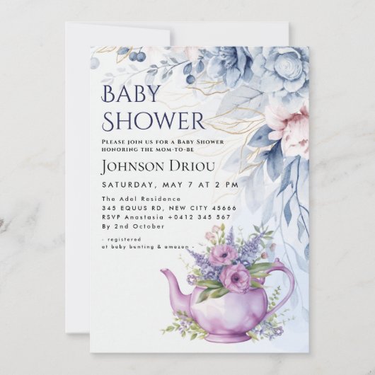 Floral Tea Party Baby Shower Invitation Kaart (Voorkant)
