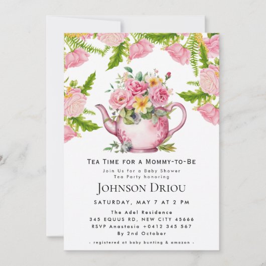 Floral Tea Party Baby Shower Invitation Kaart (Voorkant)