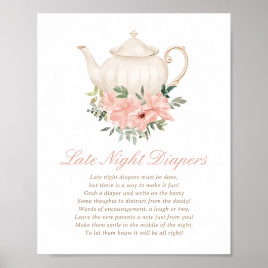 Floral Tea Party Baby shower Late Night Luiers Poster (Voorkant)