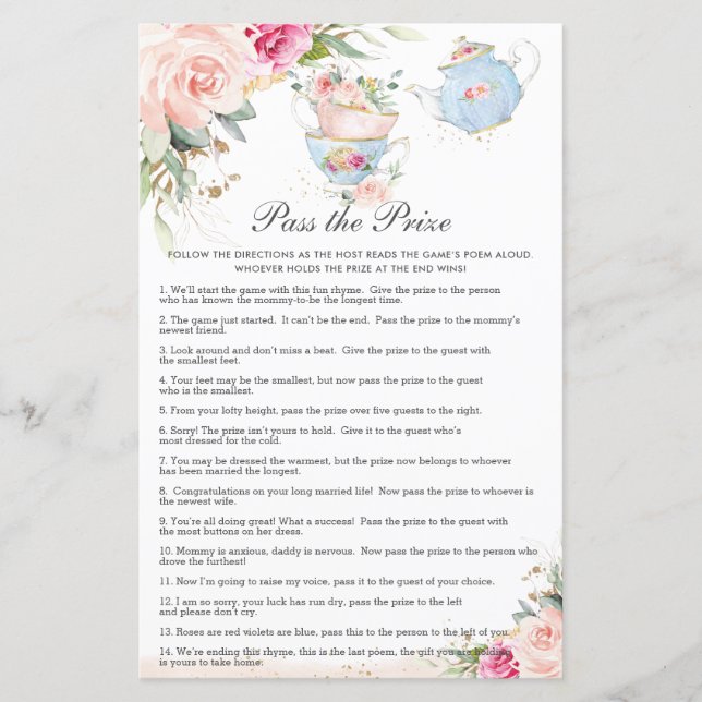 Floral Tea Party Baby shower Pass het prijsspel (Voorkant)