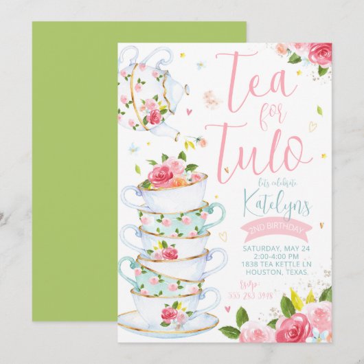 Floral Tea Party Birthday Invitation Kaart (Voorkant / Achterkant)