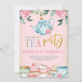 Floral Tea Party Birthday Invitation Kaart (Voorkant)
