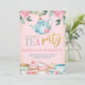 Floral Tea Party Birthday Invitation Kaart (Staand voorkant)
