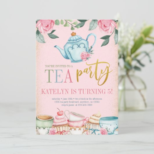 Floral Tea Party Birthday Invitation Kaart (Staand voorkant)
