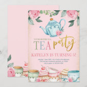Floral Tea Party Birthday Invitation Kaart (Voorkant / Achterkant)