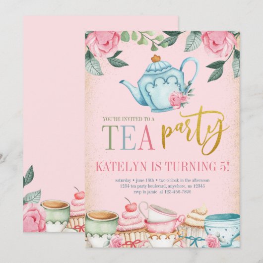 Floral Tea Party Birthday Invitation Kaart (Voorkant / Achterkant)