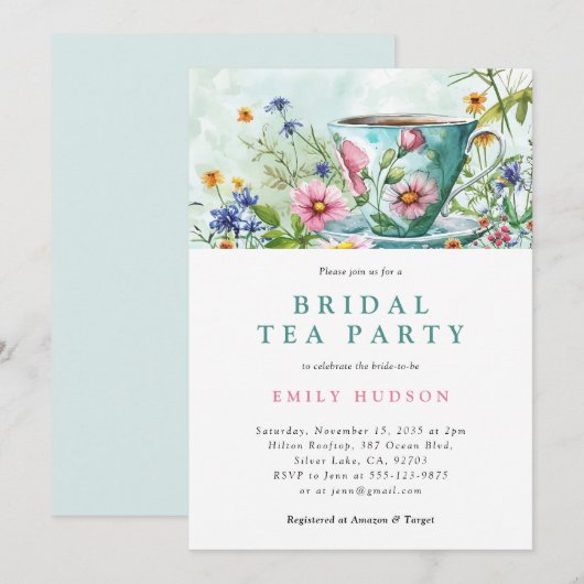 Floral Tea Party bruids douche uitnodiging (Voorkant / Achterkant)