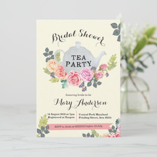 Floral Tea Party bruids douche uitnodiging (Staand voorkant)