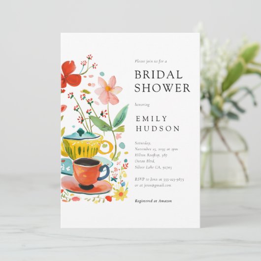Floral Tea Party bruids douche uitnodiging (Staand voorkant)