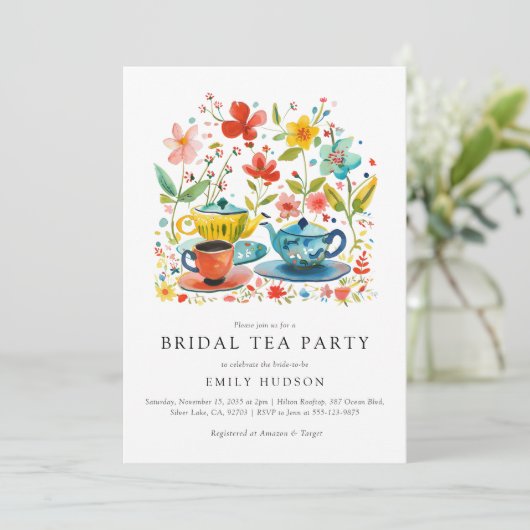Floral Tea Party bruids douche uitnodiging (Staand voorkant)