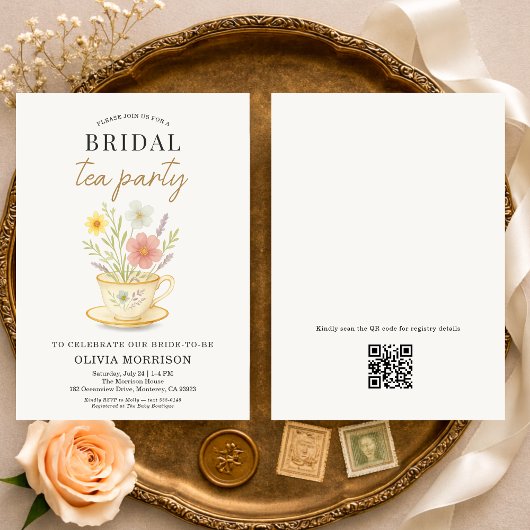 Floral Tea Party QR Code Bridal Shower Kaart