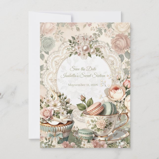 Floral Tea Party Sweet 16 Save the Date Card (Voorkant)