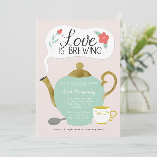 Floral Tea Party Vrijgezellenfeest Love is Brewing Kaart (Staand voorkant)