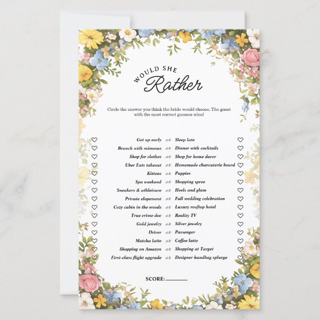 Floral Tea Party Would She Rather Bridal Game (Voorkant)