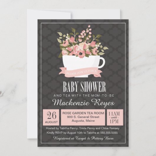 Floral Teacup Baby shower Invitation, Tea Party Kaart (Voorkant)