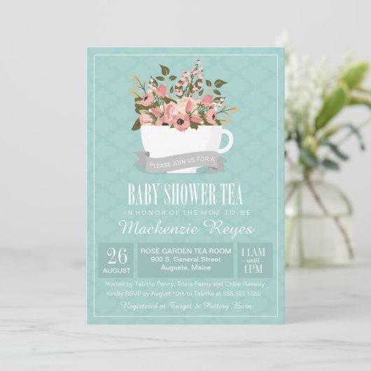 Floral Teacup Baby shower Tea Invitation Kaart (Staand voorkant)