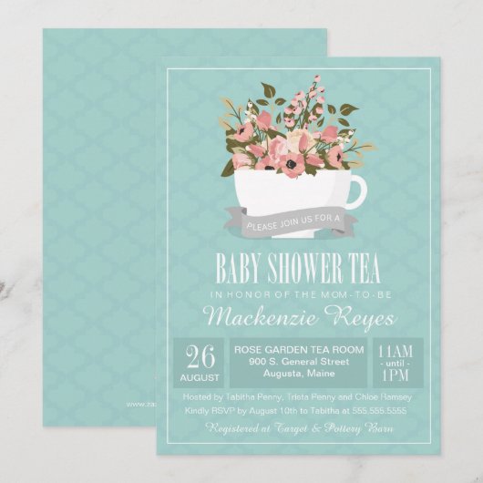 Floral Teacup Baby shower Tea Invitation Kaart (Voorkant / Achterkant)
