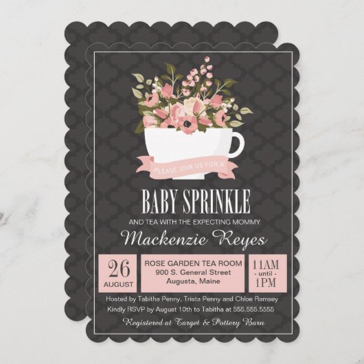 Floral Teacup Baby Sprinkle, Tea Party Invitation Kaart (Voorkant / Achterkant)