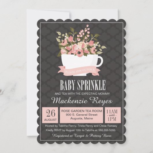 Floral Teacup Baby Sprinkle, Tea Party Invitation Kaart (Voorkant)