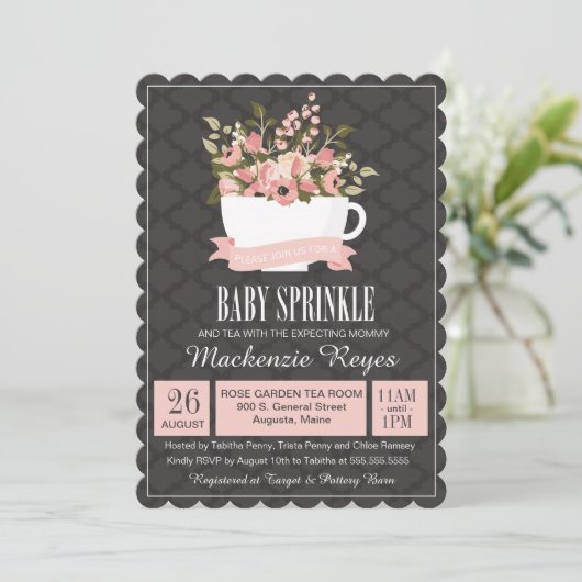 Floral Teacup Baby Sprinkle, Tea Party Invitation Kaart (Staand voorkant)