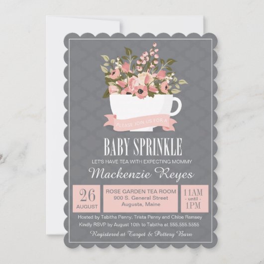 Floral Teacup Baby Sprinkle, Tea Party Invitation Kaart (Voorkant)