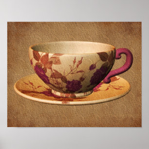 Floral Teacup on Aged Paper Art Poster
