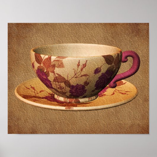 Floral Teacup on Aged Paper Art Poster (Voorkant)