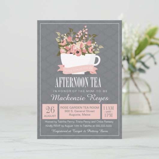 Floral Teacup vanmiddag Tea Baby of Vrijgezellenfe Kaart (Staand voorkant)