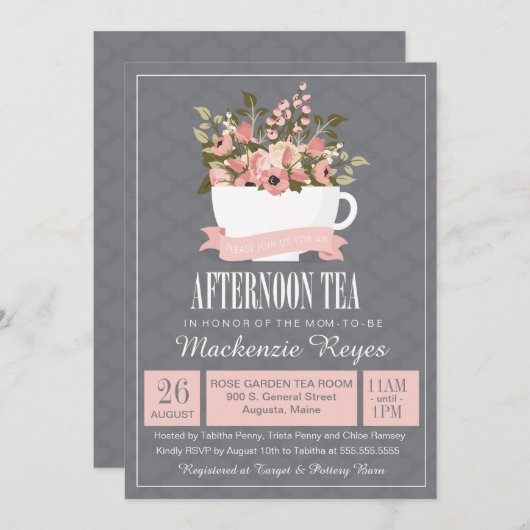 Floral Teacup vanmiddag Tea Baby of Vrijgezellenfe Kaart (Voorkant / Achterkant)